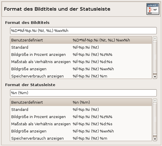 Einstellungsansicht für die Formatierung der Titel- und Statuszeile